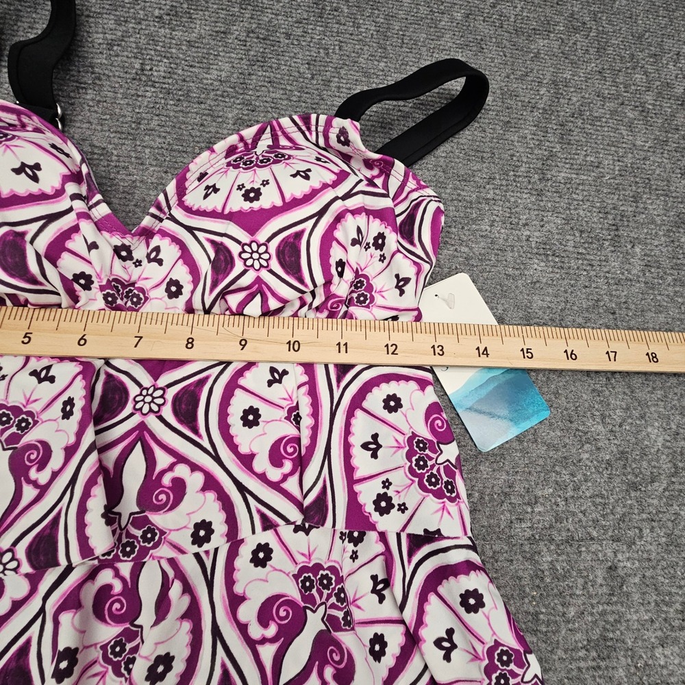 Swim Solutions Fauxkini 8 Magenta Triple Tier Paisley Tummy Control Swimsuit - Picture 7 of 11